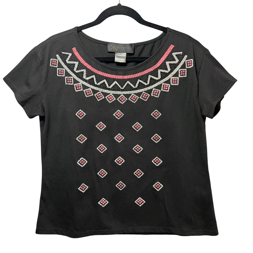 Kardashian‎ Kollection Embellished Beaded Geometric Top Black Short Sleeve L